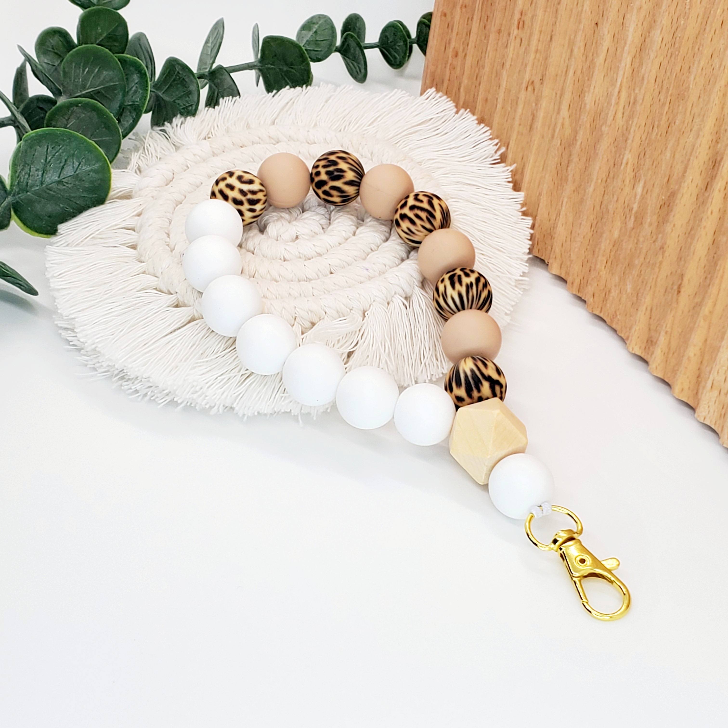 Portachiavi Da Polso Donna – Braccialetto In Perline Di Silicio E Legno, Con Nappa In PU E Clip Dorata, Motivo Croce Leopardata